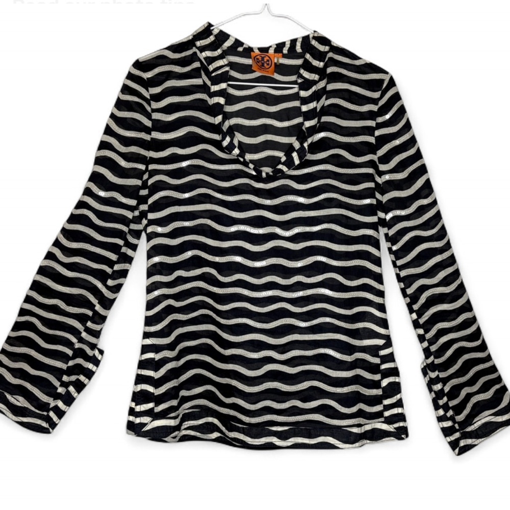 Tory Burch Striped Deep V-Neck Sequin Long-Sleeve Tunic Top